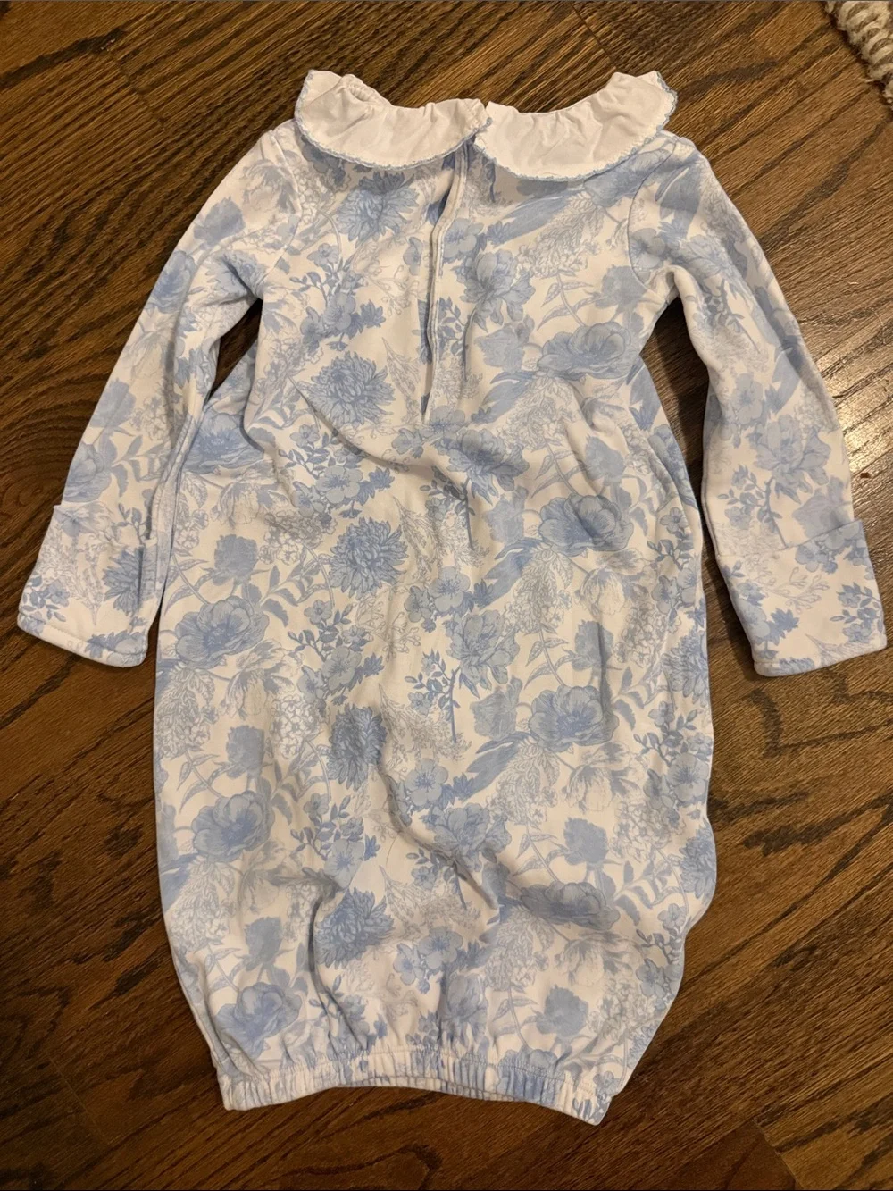 Edgehill Collection Blue and White Floral Gown with Ruffle Collar 0-6M